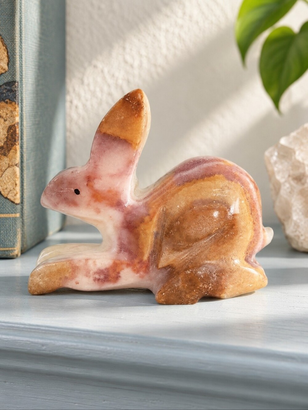 Vintage Onyx Stone Rabbit Bunny Figurine Hand Carved 3.5" Natural Stone